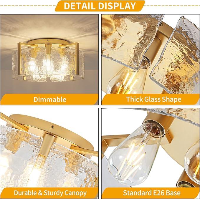 18.5'' Modern Gold Semi Flush Mount Ceiling Light, 4-Light Glass Drum Light Fixtures, Ceiling Lights for Hallway Foyer Entryway Bedroom Kitchen Dining Room Living Room Lighting Fixture, UL-Listed