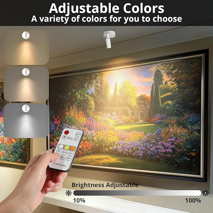 Spotlight Indoor, Wireless Battery Operated with Remote,Uplight Indoor Down Light for Picture on Wall, Plant Spotlight Dimmable Timer, Ceiling Lights Painting for Trees Plant, White 4 Pack