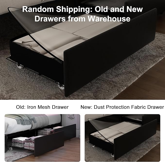 Full Led Bed Frame with Galaxy Projector, Wingback Modern Platform, 4 Storage Drawers, USB Ports, No Box Spring Needed & Noise-Reduction Sturdy Wood Slats, PU Black