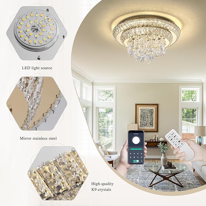 18 inch Flush Mount Crystal Chandeliers with Remote and App Gold, Modern Elegant LED Crystal Raindrop Ceiling Light Fixture, 3CCT Dimmable, for Living Room Kitchen Island Bedroom Entryway Foyer
