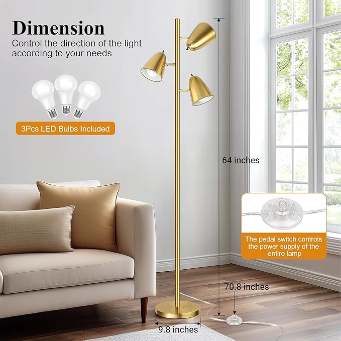 QiMH Tree Floor Lamp with 3 Light Bulbs, Standing Tall Pole Lamps for Living Room Bedroom Office, Reading Stand up Lamps with 3 Adjustable Arms, Brushed Gold