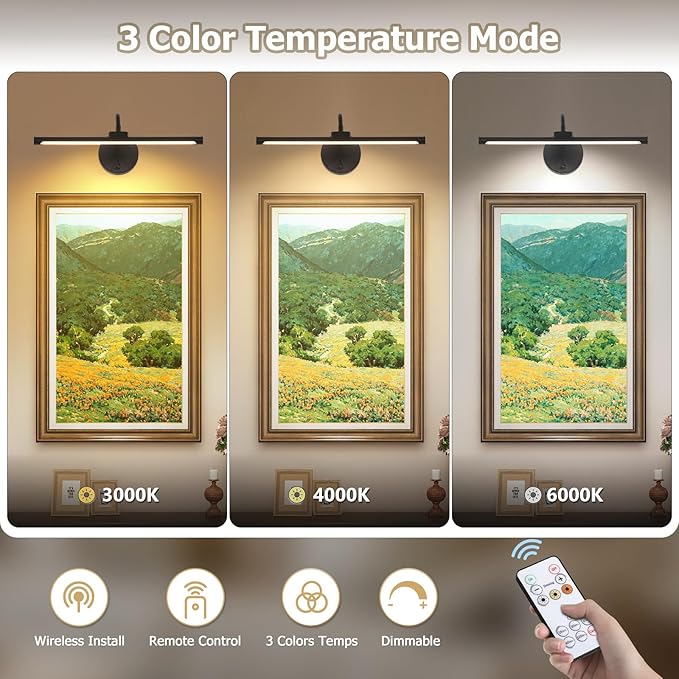 Picture Lights for Wall – Wireless Rechargeable LED Light with Remote, Adjustable Arm, Gold Battery Operated Display Lighting for Paintings, Bedroom, Gallery Wall Décor (Black, 12.6 inch - 2Pack)