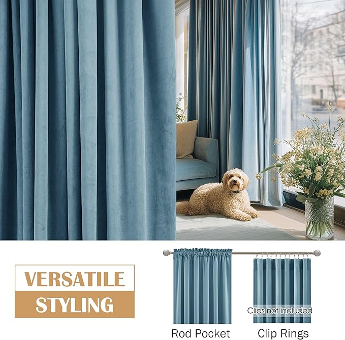 Beauoop Lake Blue Velvet Curtains 72 Inches Long 2 Panels for Bedroom Living Room Soft Luxury Room Darkening Thermal Insulated Soundproof Rod Pocket Window Treatments Drapes, 52X72 Set of 2