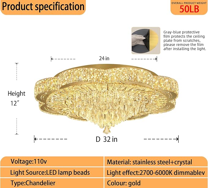 Modern Empire Crystal Chandelier Gold 32inches Crystal Raindrop Ceiling Light for Living Room Bedroom LED Infinity Dimmable 3000-6000K