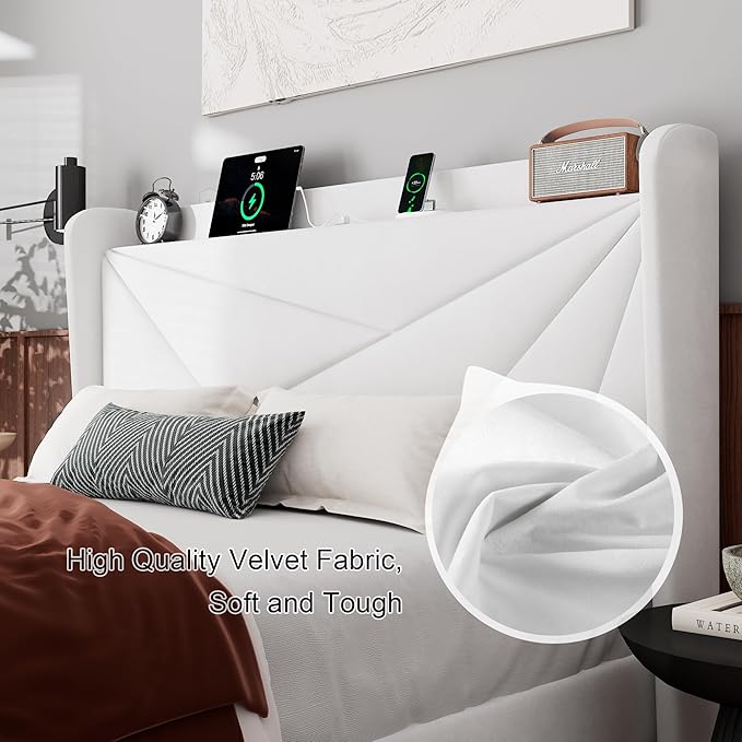 Feonase Full Bed Frame with Charging Station, Velvet Upholstered Platform Bedframe with Wingback Headboard, Solid Wood Slats Support, Noise Free, No Box Spring Needed, White