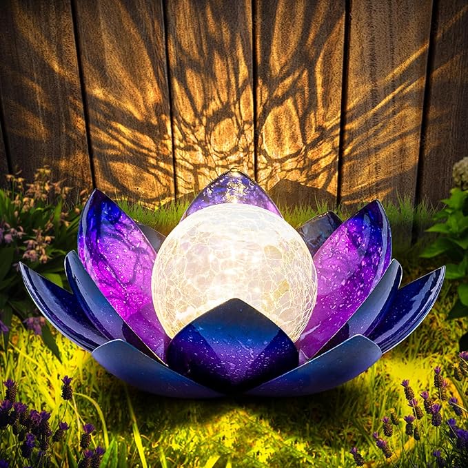 Huaxu Solar Lights for Outdoor Decor, Purple Lotus Flower Light, Waterproof LED Crackle Globe Glass Lamp for Garden, Patio, Yard, Porch, Pathway, Ground, Tabletop Christmas Gifts for Mom,Women