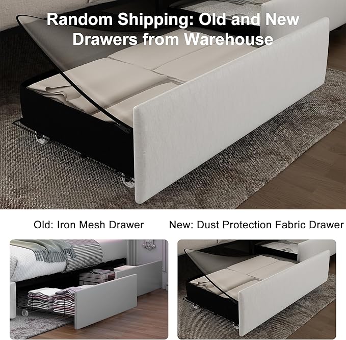 King Led Bed Frame with Galaxy Projector, Wingback Modern Platform, 4 Storage Drawers, USB Ports, No Box Spring Needed & Noise-Reduction Sturdy Wood Slats, PU White