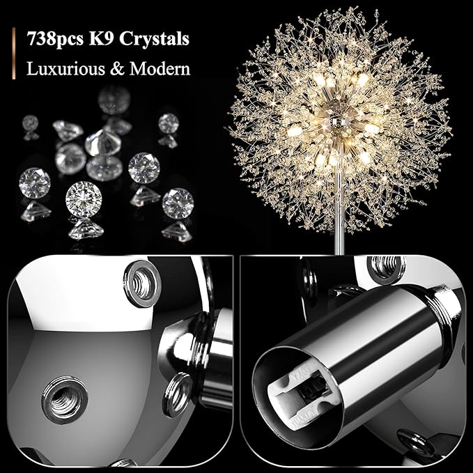BesLowe 69'' Crystal Floor Lamp for Living Room, Modern Standing Lamp with 738PCS K9 Crystals, Tall Lamp Pole Light for Bedroom Office, Mid Century Silver Floor Lighting with 9 LED Bulbs, Chrome