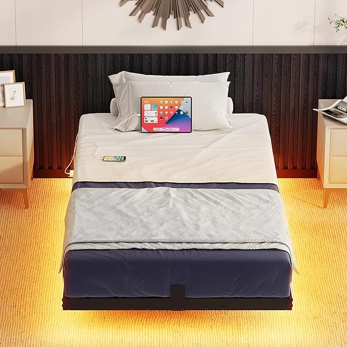 YITAHOME Floating Bed Frame Twin Size, LED Bed Frame with Charging Station, Metal Platform Twin Bed with Heavy Duty Steel Slats Supports, No Box Spring Needed, Easy Assembly, Black
