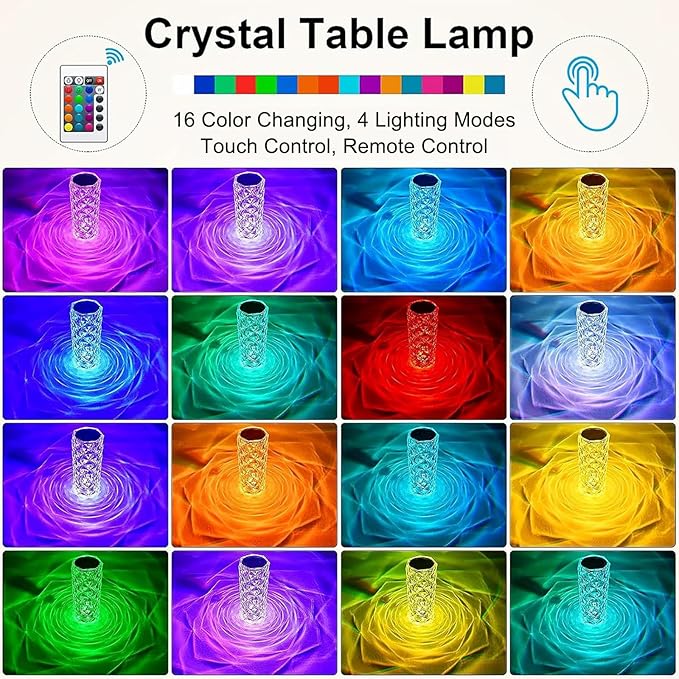 Crystal Table Lamp (Touch & Remote), 4 Modes 16 Color Changing Night Light, Rechargeable, Dimmable, RGB Rose Diamond Ambient Mood Lighting, Protable Cordless Desk Lamp for Bedroom Living Room Party