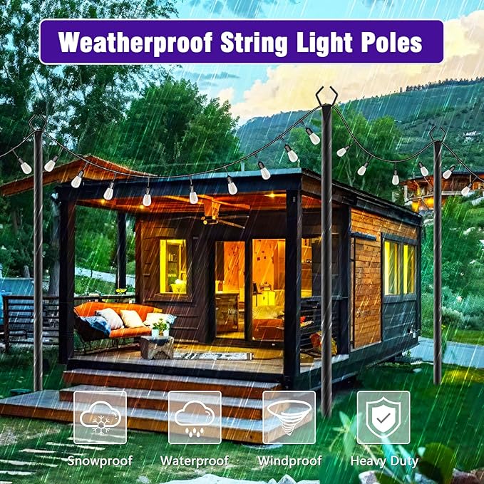 zoegi 2 Pack 10Ft String Light Poles,Light Poles for Outside Lights with Fork,Outdoor Brackets Hanging Lights,Metal Stand for Deck Patio,Backyard,Wedding,Deck,Party