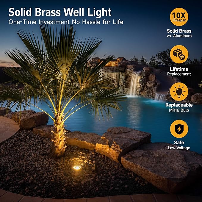 Gardenreet Brass Outdoor Low Voltage Well Lights - 12V LED In-Ground Lighting, Replaceable Bulb Flush Fixture, Antique Bronze for Path Yard Tree with 2700K Warm White MR16 Bulb