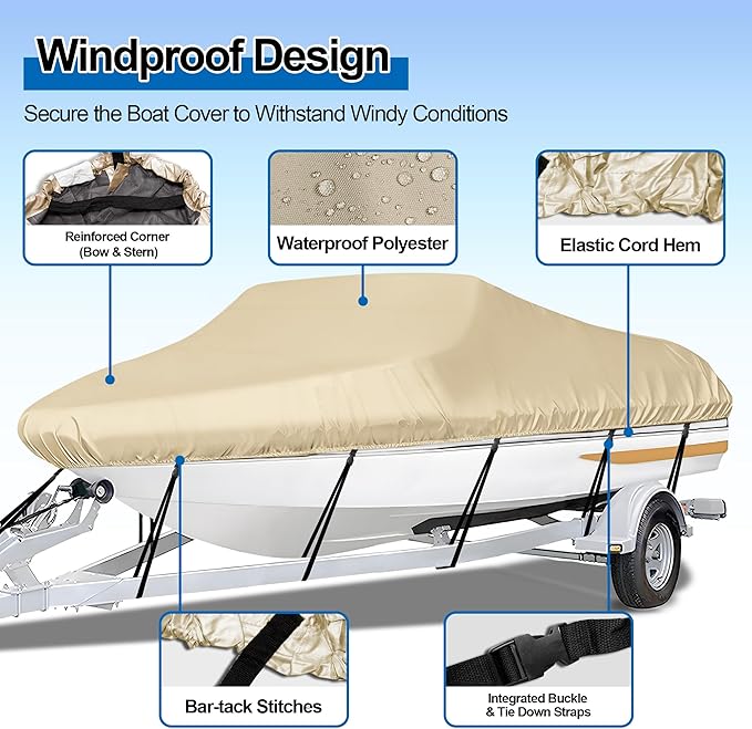 iCOVER Trailerable Boat Cover- 16'-18.5' Heavy Duty Waterproof Tarp Covers with Storage Bag, Fits V-Hull, Fish&Ski, Pro-Style, Fishing, Runabout, Bass Boats, up to 16ft-18.5ft Long X 94" Wide