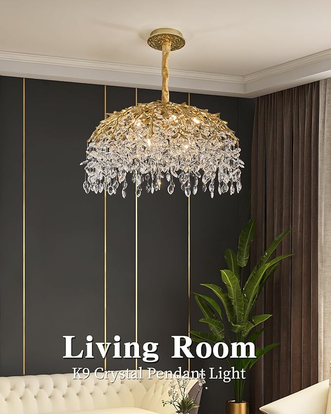 Modern Crystal Chandelier for Dining Room, 31.5" 10-Light Gold Tree Branch Chandeliers, Luxury K9 Crystal Rectangular Chandeliers for Kitchen Island Living Room