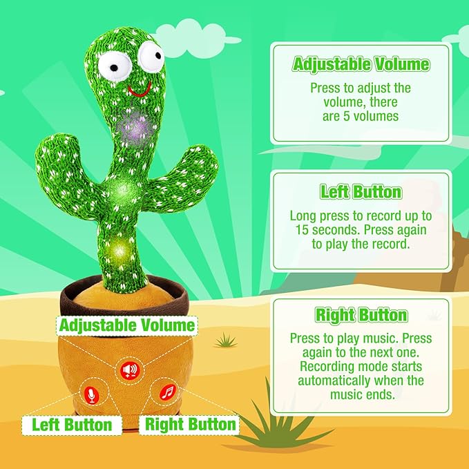 Ayeboovi Baby Toys Dancing Talking Cactus, Volume Adjustable Mimicking Recording Cactus Toy Repeats What You Say, Toddler Toys Singing Cactus with 120 Songs, Tummy Time Toys for Kids Boys Girls