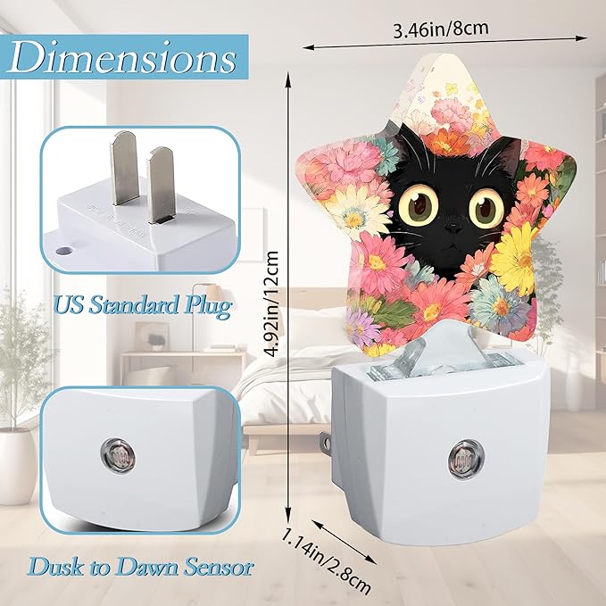 Black Cat Night Light,Flowers Plug-in Night Light Auto Dusk-to-Dawn Sensor Energy Efficient Led Lamp for Room Decor,Hallway,Kitchen,Bathroom,Plug-in,Decor Desk Lamp Gifts