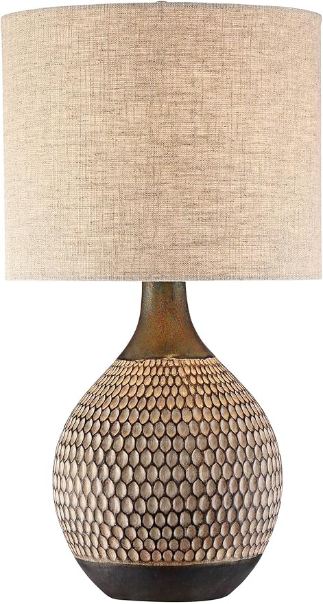 360 Lighting Emma Mid Century Modern Style Accent Table Lamp 21" High Brown Textured Wood Ceramic Oatmeal Fabric Drum Shade Decor for Living Room Bedroom House Bedside Nightstand Home Office