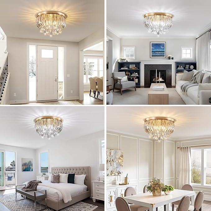 15.7 Inch Crystal Chandelier Gold,Modern 5-Lights Crystal Flush Mount LED K9 Chandeliers Light Fixture for Bedroom Dining Living Room Hallway E12