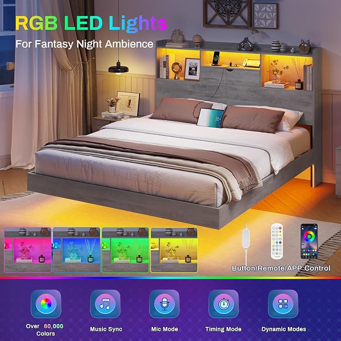 DICTAC Queen Floating Bed Frame with LED Lights and Headboard Storage, Visual Floating Bed with Charing Station, Queen Size Metal Platform Bed with Stable Structure, No Box Spring Need, Easy Assembly