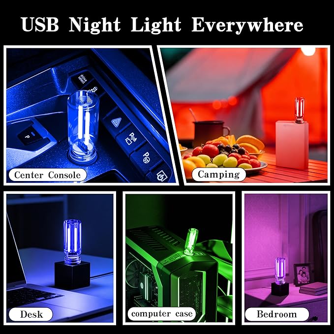 4 PCS Car USB Light Blub, Plug-in LED Ambient Lighting with Touch Dimming. The Brightness Can Be Adjusted Making It for Cars, Bedrooms, Hallways(2Blue&2Purple)