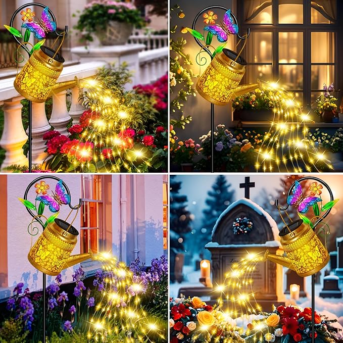 Christmas Gifts Butterfly Solar Watering Can Lights, Outdoor Waterproof Garden Lanterns with Shepherd Hook, Solar Garden Decor for Yard Outdoor Landscape Pathway, Gift for Women Mom Grandma, 2 Pack