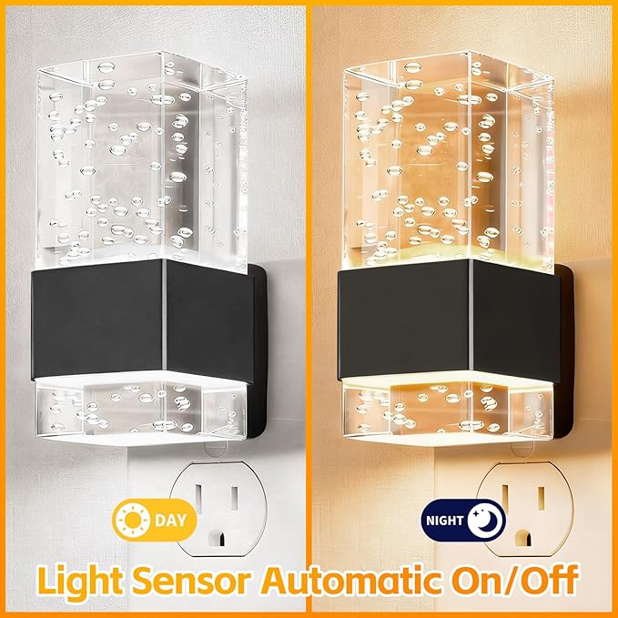 LED Night Light with Bubble Acrylic Design, Gold and Clear, Metal, Dimmable, Dusk to Dawn Sensor, 3 Color Temperatures, Modern Style, Plug-in for Bathroom, Bedroom, Hallway, 2-Pack (Black)