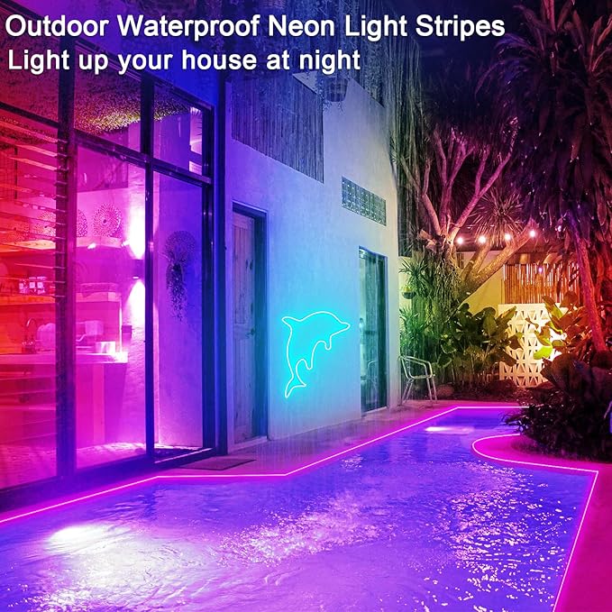 32.8ft LED neon Lights with Remote APP Control IP65 Waterproof Flexible Neon Strip Lights 24V RGB Rope Lights for Bedroom Room Outdoors Décor
