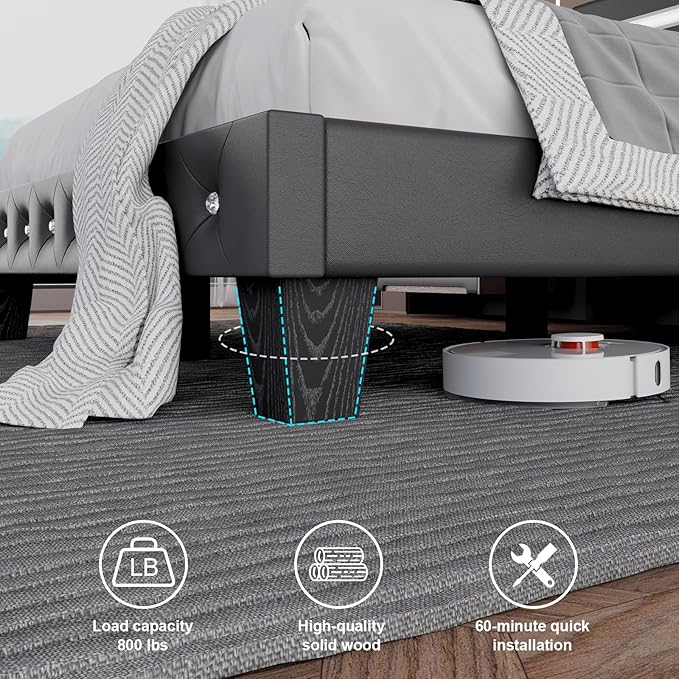 Full Size Bed Frame with LED Lights, Upholstered Platform Bed Frame, Faux Leather Adjustable Headboard with Charging Station, Wooden Slats Support, Easy Assembly, No Box Spring Needed, Black