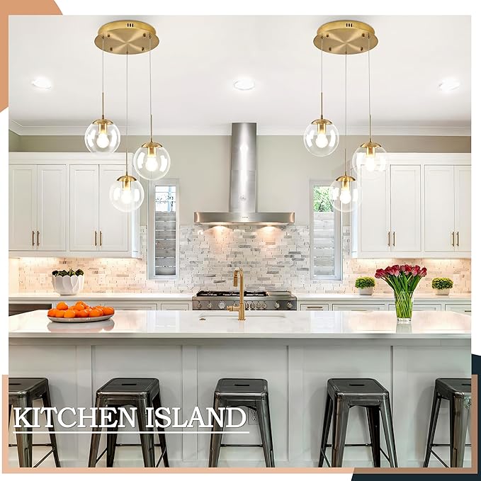 KoKo&Yukina 3-Light Globe Glass Pendant Light Modern Gold Clear Globe Glass Chandelier Adjustable Length Pendant Lights Fixtures High Ceiling Light for Kitchen Island Foyer (Bulb & Remote Incl.)