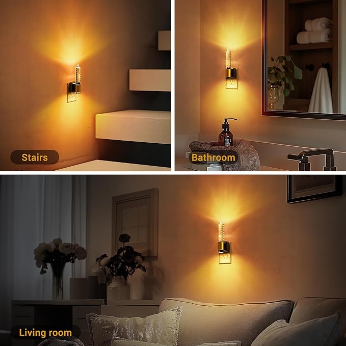 JandCase Night Light, Flameless Candle Amber Night Lights Plug into Wall, Auto On/Off Light Sensor LED Crystal Dimmable Nightlight, 0-100LM Decorative nite Light for Adults Bathroom Hallway, 1Pack