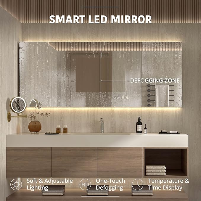 72" Modern Floating Bathroom Vanity Set with Sink, Side Cabinet, LED Smart Mirror Cabinet, 3 Soft-Close Drawers & Open Storage Shelves, Light Walnut