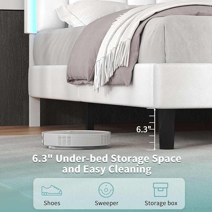 Full Size Bed Frame with Headboard, Upholstered Bed Frame Full with LED Lights, Heavy Duty Wood Slats Support, Noise-Free, No Box Spring Needed, Easy Assembly, White