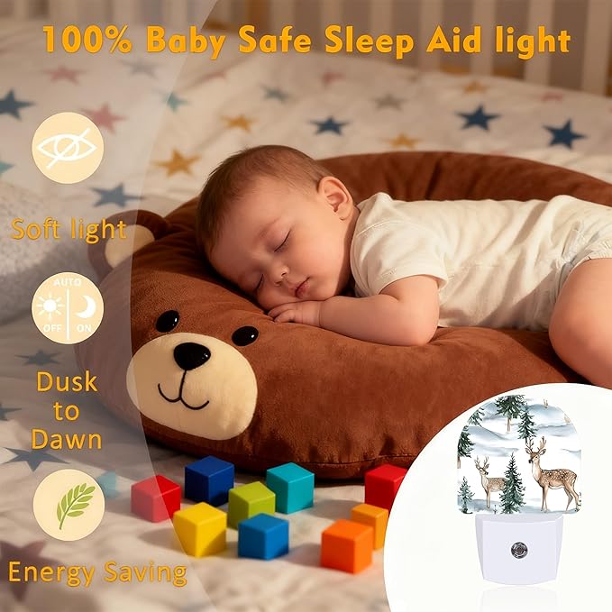 Winter Christmas Deer Forest Night Light, Dusk-to-Dawn Auto Sensor Plug in Night Light for Kids, 0.5W Energy Saving LED NightLights for Bedroom/Bathroom, Ideal Gifts for Women Men