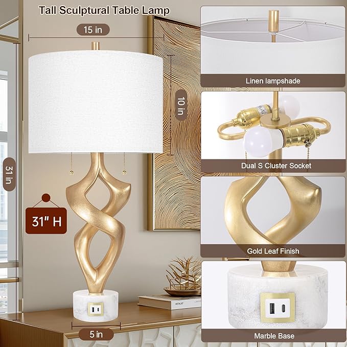 Scenekoy Sculptural Resin Table Lamp Set of 2 with USB Ports for Bedroom Living Room, 31” Big Gold Leaf Marble Base Bedside Lamps, Pull Chains Switch Modern Nightstand Lamp for Home Room Decor