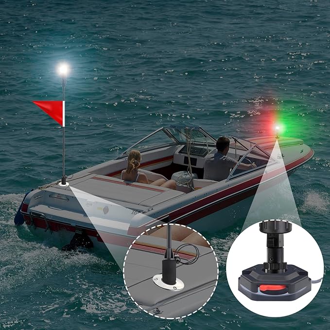 LED Battery Navigation Lights for Kayaks & Small Boats - Dual-Color (Red/Green) Bow/Stern Light Kit with Portable Folding Lamp Post (47 Inches)