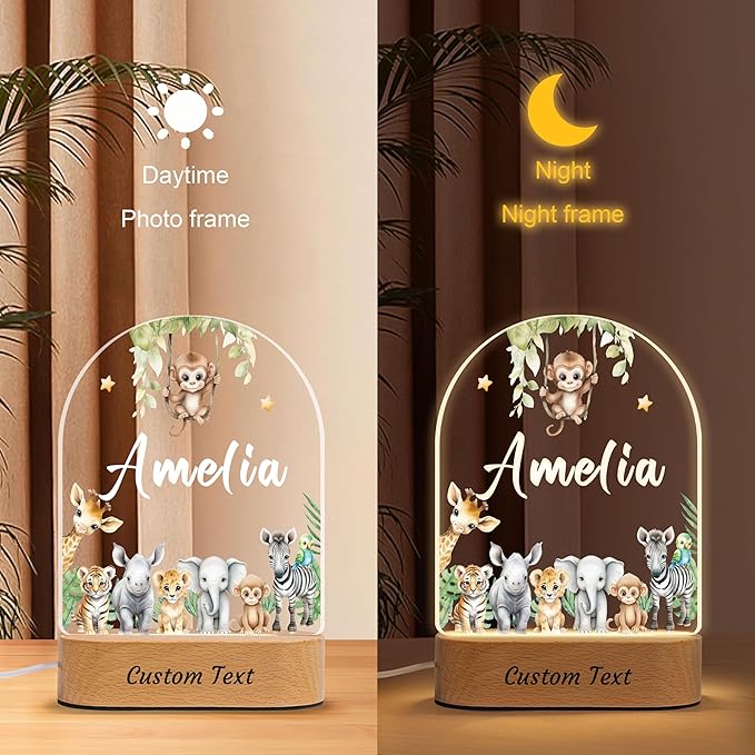 Personalized Baby Gifts for Kids Boys Girls, Custom Name LED Lamp, Safari Jungle Animals Acrylic Plaque Night Light,Baby Shower Christmas Newborn Gifts for Toddler, Children's Nursery Decor