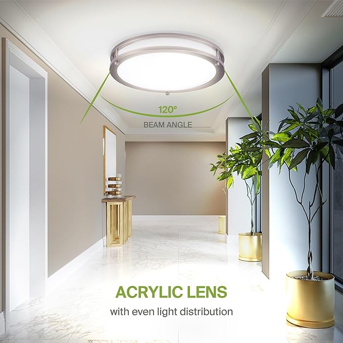 ASD LED 12" Round Flush Mount Lighting, Close to Ceiling Light Fixture | 3CCT, Dimmable, Energy Star, ETL Listed | 20W 1600LM 3000-5000K 100-277V | Low Profile Double Ring Lamp | Nickel, 4 Pack