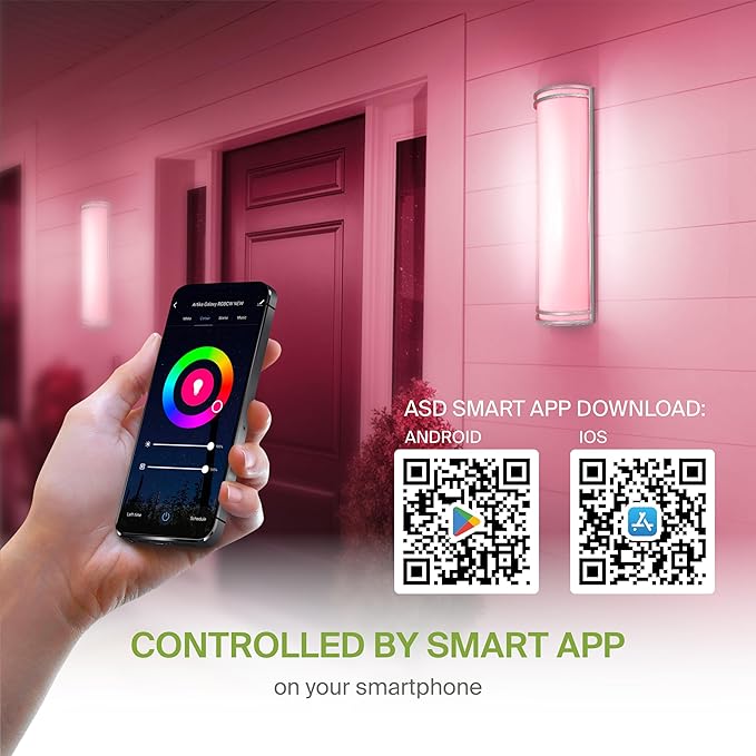 ASD 24 Inch Smart RGBW LED Outdoor & Indoor Wall Mount Light Fixture - Nickel RGB Wall Sconce Exterior Lighting - 120-277V 23W 2700-6500K Dimmable, Remote Control, Alexa - Front Door, Patio ETL 2 Pack