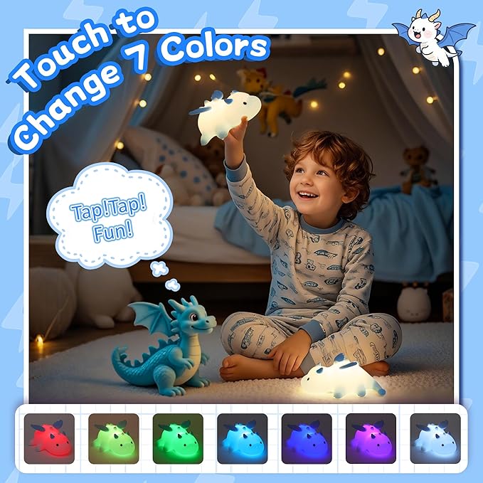 Attivolife Dragon Night Light for Kids, Cute Soft Silicone Touch Lamp with 8 Color & Dimmable & Timer, Portable Nursery Bedroom Bedside Decor LED Light, Birthday Xmas Gifts for Baby Toddler Boy Girl