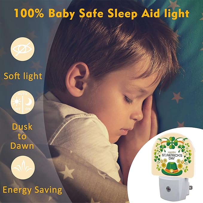 Happy St. Patrick's Day Night Light for Kids,Green Clover Hat and Coins Night Light Plug in with Dusk to Dawn Sensor, 0.5w Energy Saving Sleep Friendly Nightlight for Hallway Stairway Kitchen Bedroom