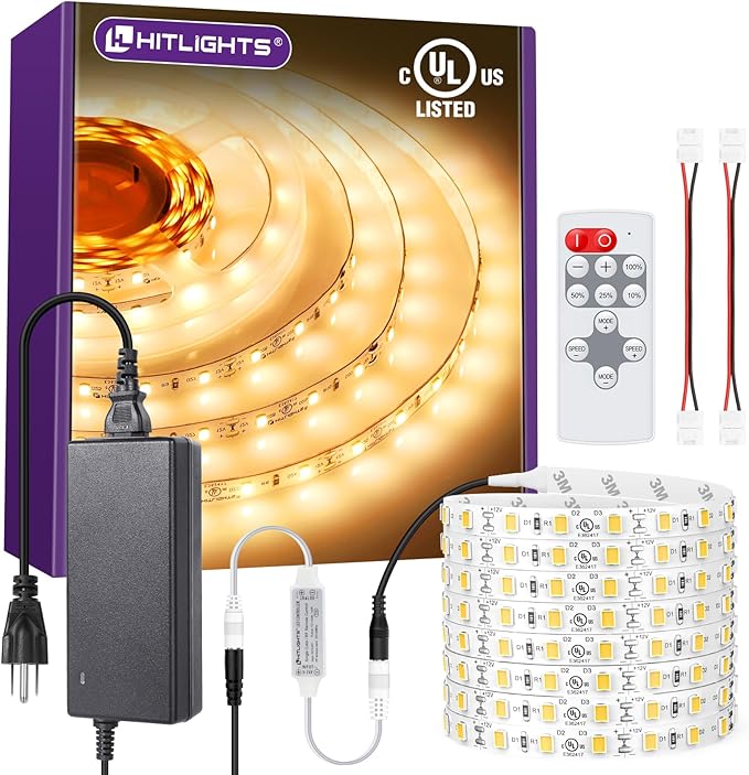 HitLights Warm White LED Strip Lights Kit 3000K, 16.4ft Dimmable Tape Light with Controller, 12V Power Supply, 600 LEDs/Reel, 300LM/Feet, Flexible Rope Lights for Bedroom, Under Cabinet, UL-Listed