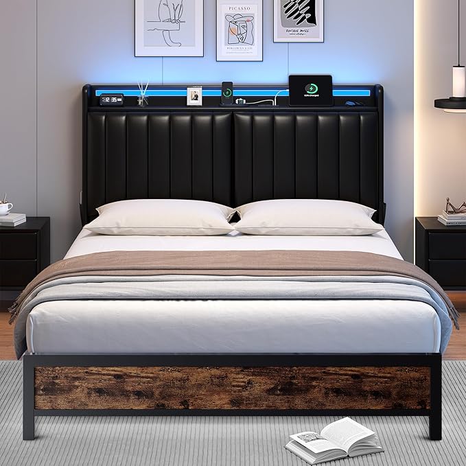 Queen Size Bed Frame with Adjustable Backrest Hidden Storage Headboard, PU Leather Upholstered Queen Bed Frame with Charging Station and LED Lights, Heavy Duty, No Box Spring Needed, Black&Brown