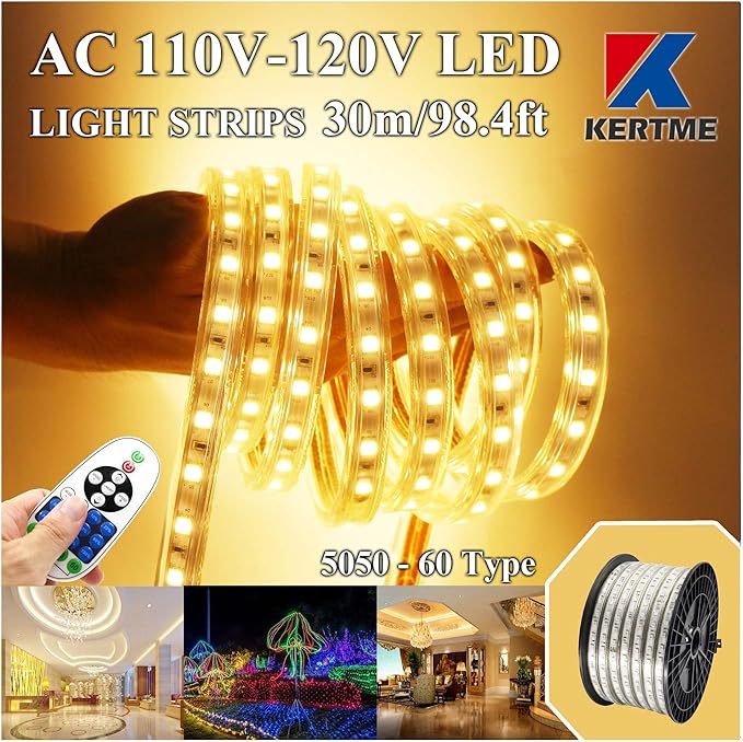 5050-60 Type AC 110-120V LED Strip Lights, Flexible/Waterproof/Dimmable/Multi-Modes LED Rope Light + 23 Keys Remote for Home/Garden/Building Decoration (98.4ft/30m, Warm White 3500K)