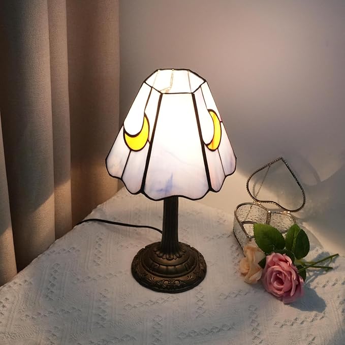 Tiffany Lamp - Pink Blue Moon Stained Glass Table Lamp 7x7x13 Inches - Pink Blue Moon Style Desk Reading Bedside Light - Bedroom & Living Room Decor