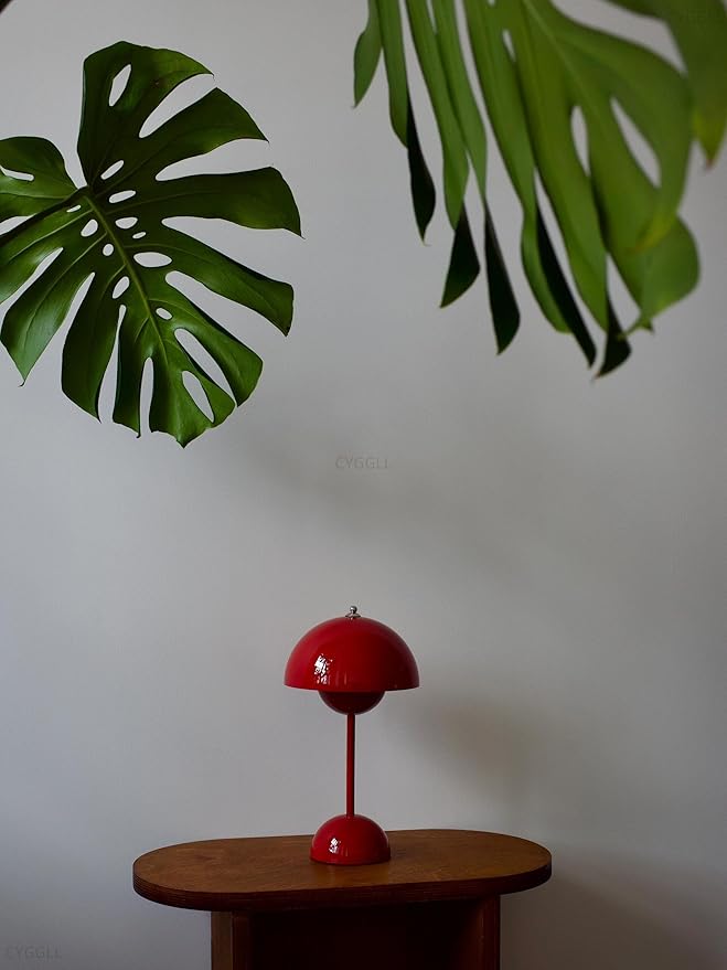 Flowerpot Lamp Modern Flower Bud 12" Cordless Touch Dimmable 2600mAh Rechargeable Desk Lamps Nordic Minimalist Mushroom Lamps Retro Nightstand Bedside Lamp for Bedroom Living Room(Vermilion Red)