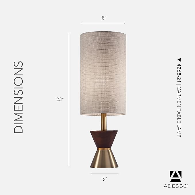 Adesso Table Lamp with Antique Bronze and Walnut Base, Beige Fabric Lampshade – 3-Way Adjustable Brightness, Bedside Table, Home Office Lighting or Living Room Decor, 23” x 8”