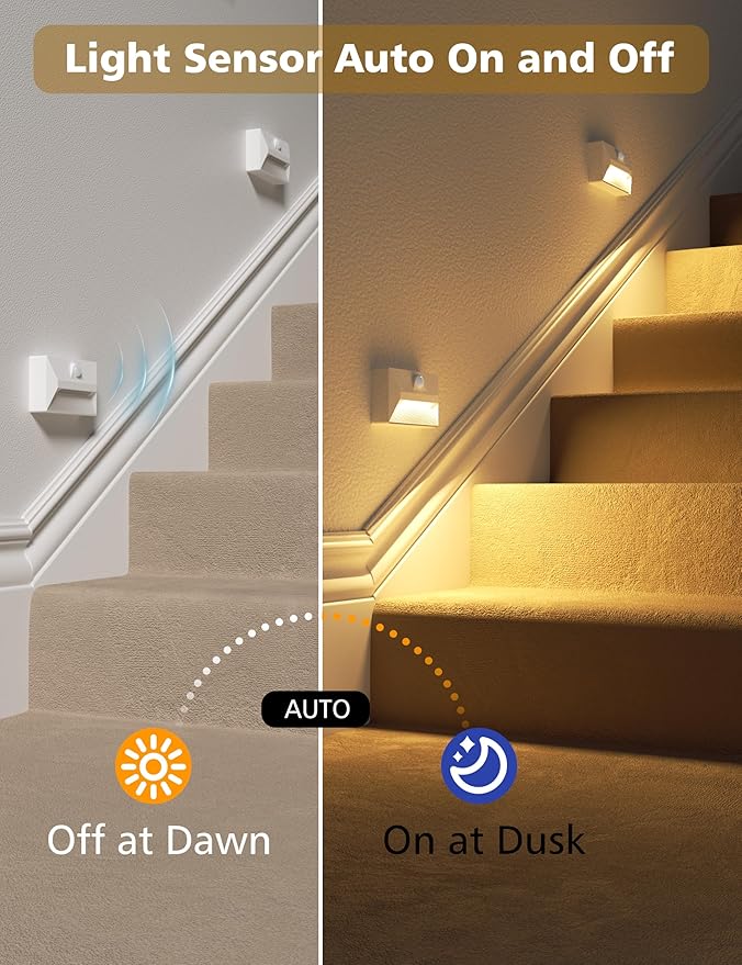 NIORSUN Rechargeable Stair Lights Indoor, Motion Sensor Night Light, 3 Colors and Motion Modes Battery Night Light with Light Sensor for Stairway, Hallway, Bathroom, Kitchen, Bedroom White 4 Pack
