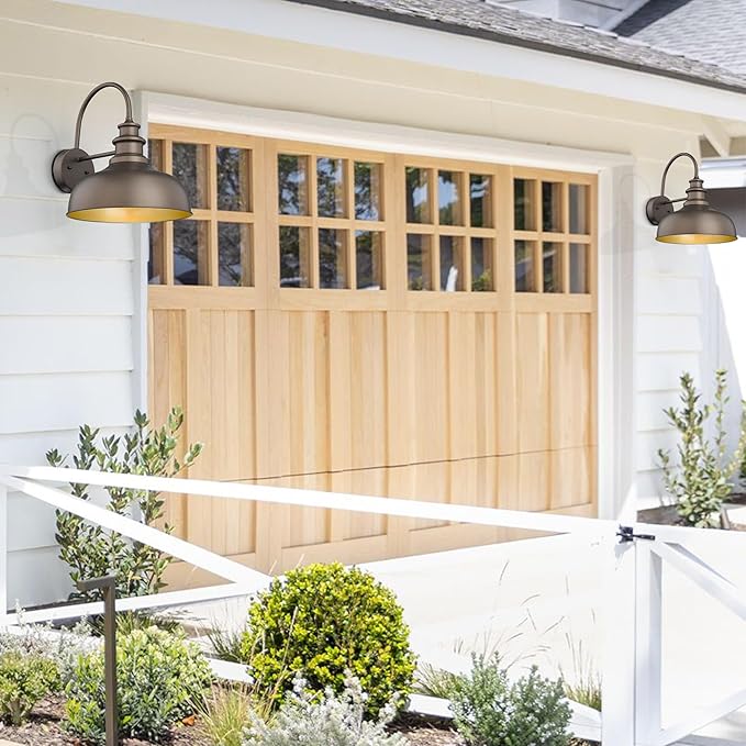 Bestshared Farmhouse Barn Light, 14 Inch Dome Farmhouse Wall Mount Light Fixture, Outdoor Wall Sconce,Exterior Lighting Fixture,Wall Porch Light for Front Door, Entryway,Patio(ORB+Gold, 14”Dome-2Pack)