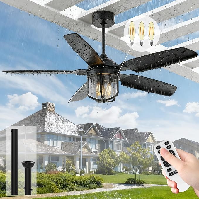 52 inch Outdoor Ceiling Fans with Lights for Patios, IP65 Waterproof Ceiling Fan with Remote and 6-Speed DC Motor, Gazebo Ceiling Fan for Porch Pavilion Farmhouse Black (Included 3pcs Bulb)