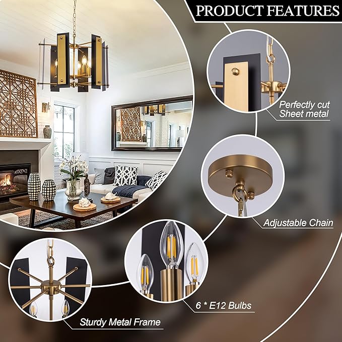 TOCHIC Black and Gold Chandelier, 6 Lights Farmhouse Geometric Pendant Chandelier Industrial Metal Light Fixture for Dining Room Hallway Entryway Kitchen Island Bedroom Foyer Bar, 23.6"